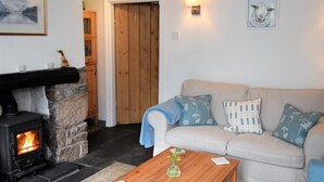 A cozy living room with a stone fireplace, a sofa with patterned cushions, and a wooden coffee table. - 3 Bed in Holmrook (oc-sz313) (Boot)