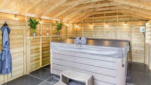 Un sauna aux murs en bois, avec un banc et deux plantes en pot.