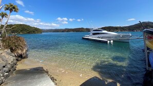 Un puerto deportivo con un yate amarrado, agua cristalina y una playa con rocas y palmeras.