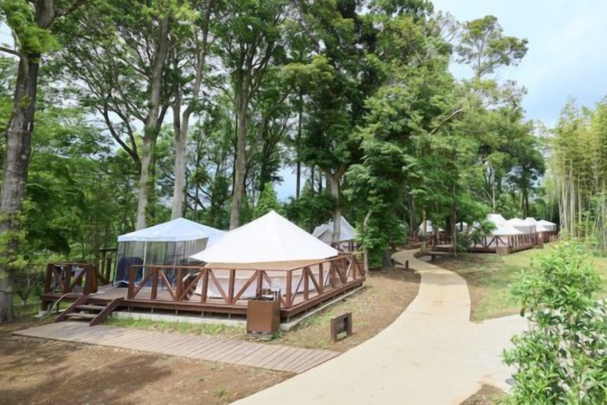 A campsite with tents and a wooden deck.