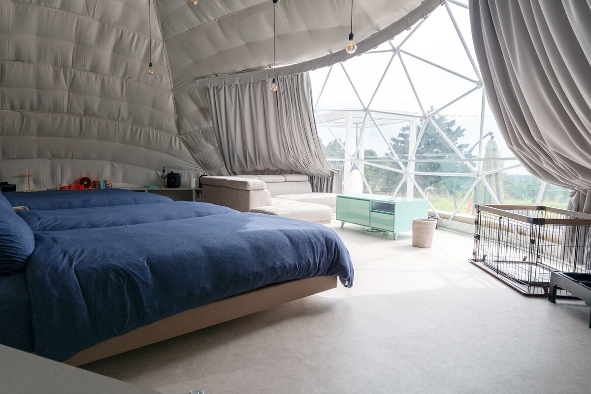 A spacious tented room with a large bed, a small seating area, and a view of the outdoors.