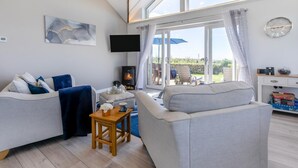 Un salon moderne avec deux canapés, un téléviseur, une cheminée et une vue sur l’extérieur.