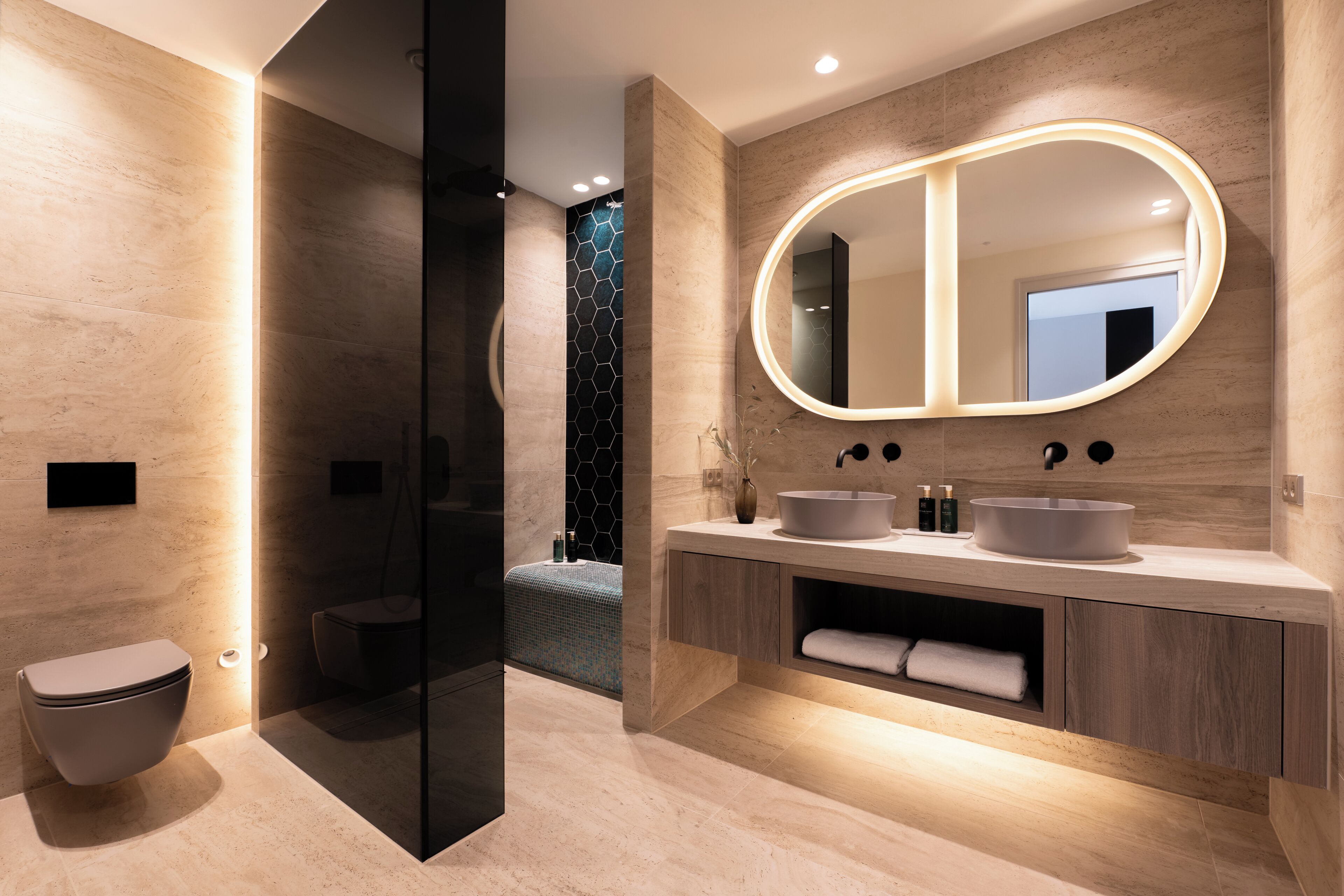 Hair dryer, towels, soap, shampoo