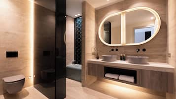 Hair dryer, towels, soap, shampoo