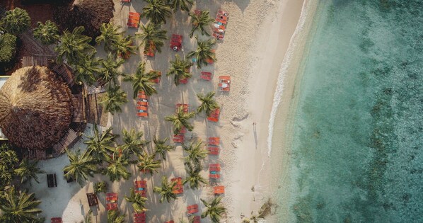 An aerial view of a beach with rows of palm trees and red beach chairs. - The Ridge Blue Bay Golf & Beach Resort (Willemstad)