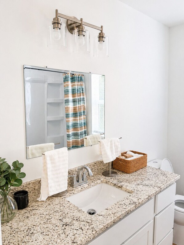 Une salle de bain avec un comptoir en granit, un lavabo, un miroir, un porte-serviettes, un panier et une plante en pot.