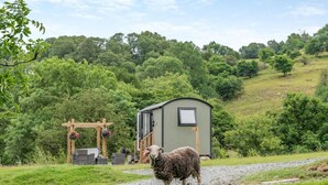 A rural setting with a small, single-story building, a wooden arbor with hanging flowers, and a sheep in the foreground. - 1 Bed in Penrith (oc-85532) (Deepdale)