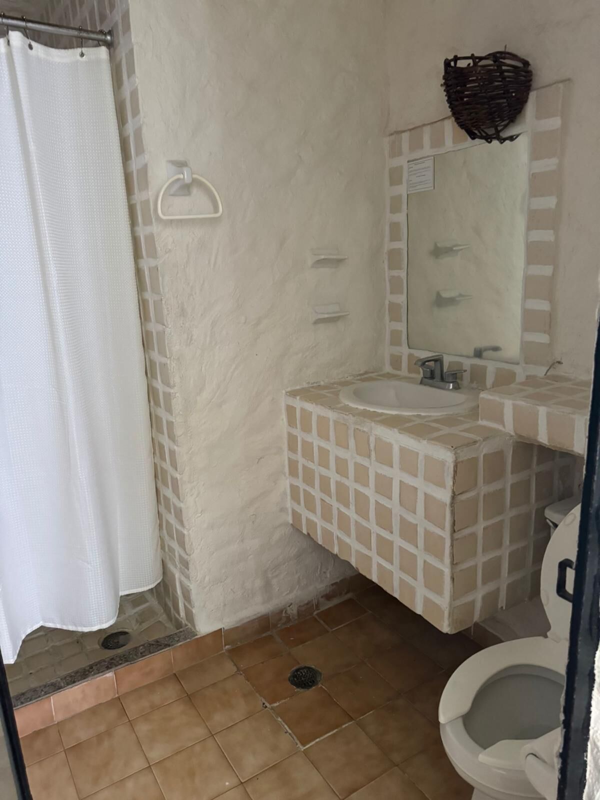 Un baño con ducha, lavabo, espejo e inodoro.