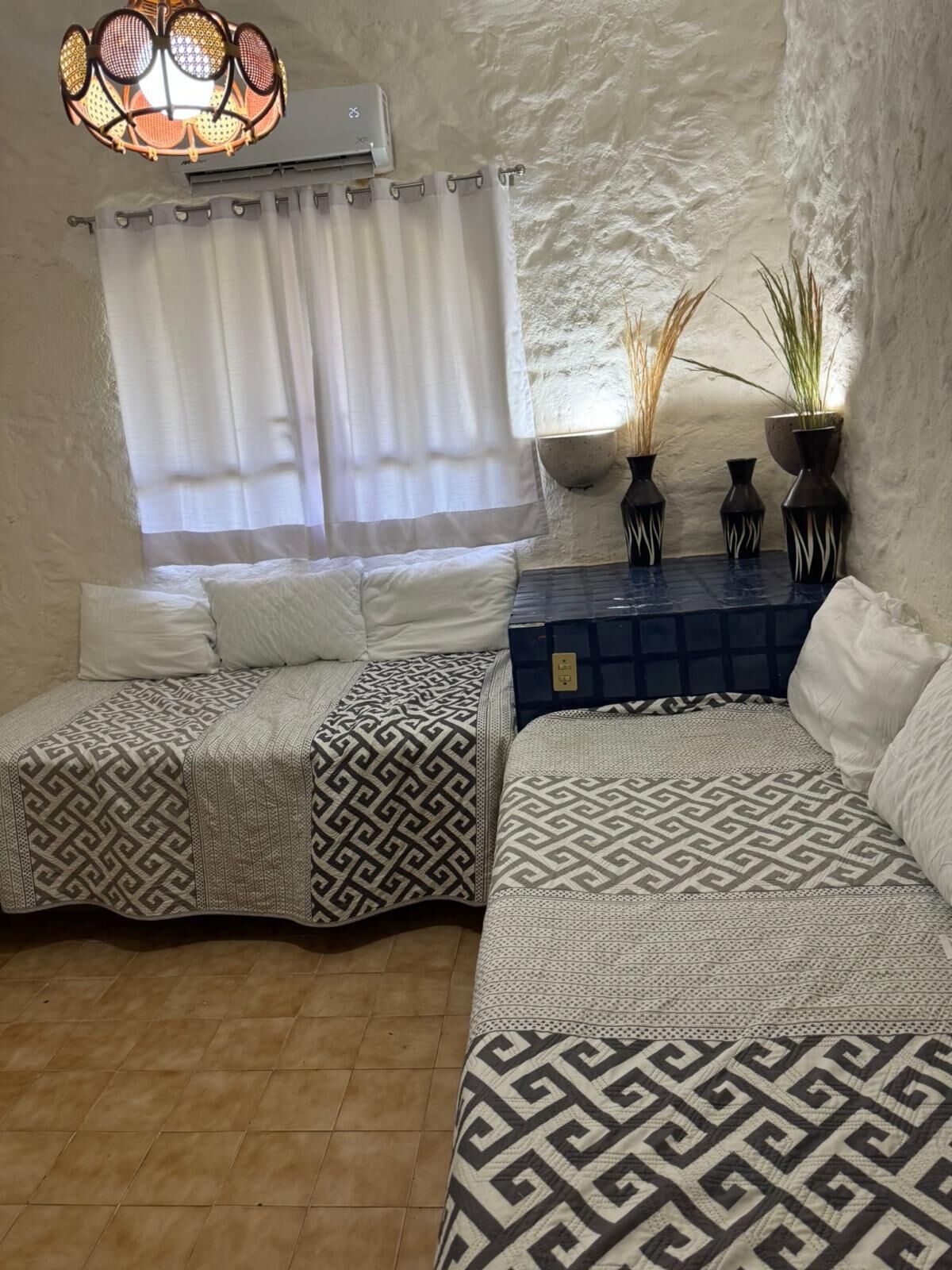 A room with two beds, a window with curtains, a wall-mounted air conditioner, and a small table with potted plants.