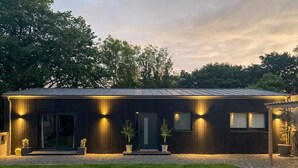 Una casa moderna con esterno scuro, tetto in metallo e prato curato.