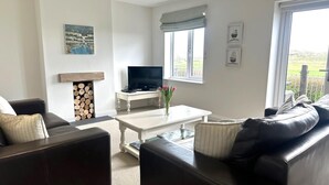 A living room with a fireplace, a television, and a view of the outdoors. - 3 Bed in Aberdyfi (oc-dy007) (Aberdovey)