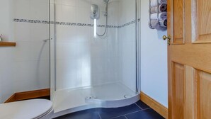 Ein modernes Badezimmer mit einer Duschkabine, einer Toilette und einer Holztür.