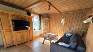 En inredning med träpanel, en soffa, en tv och ett skåp.