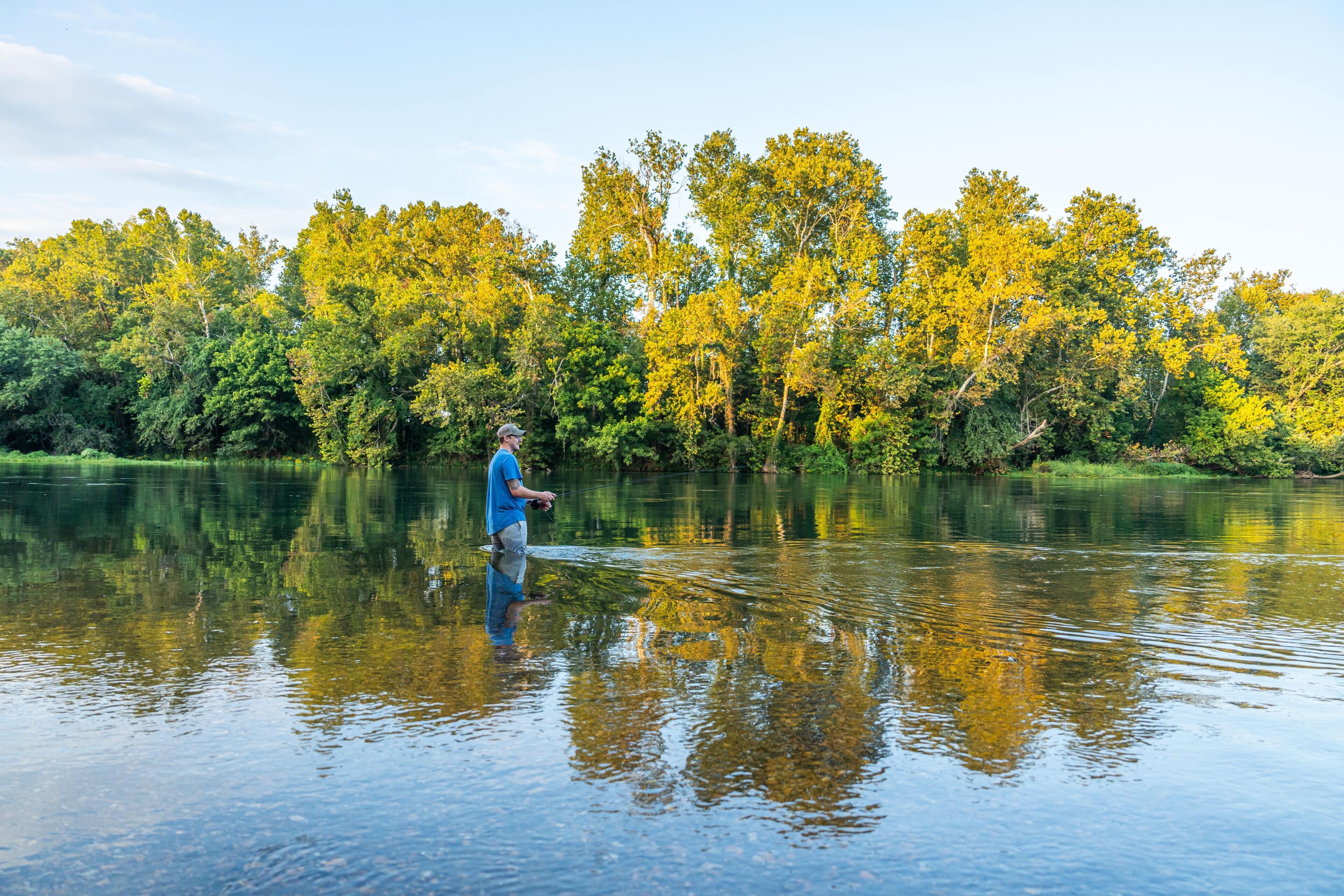 A man fishing in a calm river with dense trees in the background.