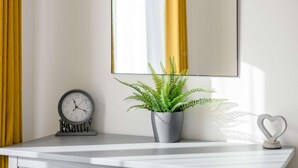 Un miroir fixé au mur, avec une plante en pot et une horloge posées sur une surface blanche.