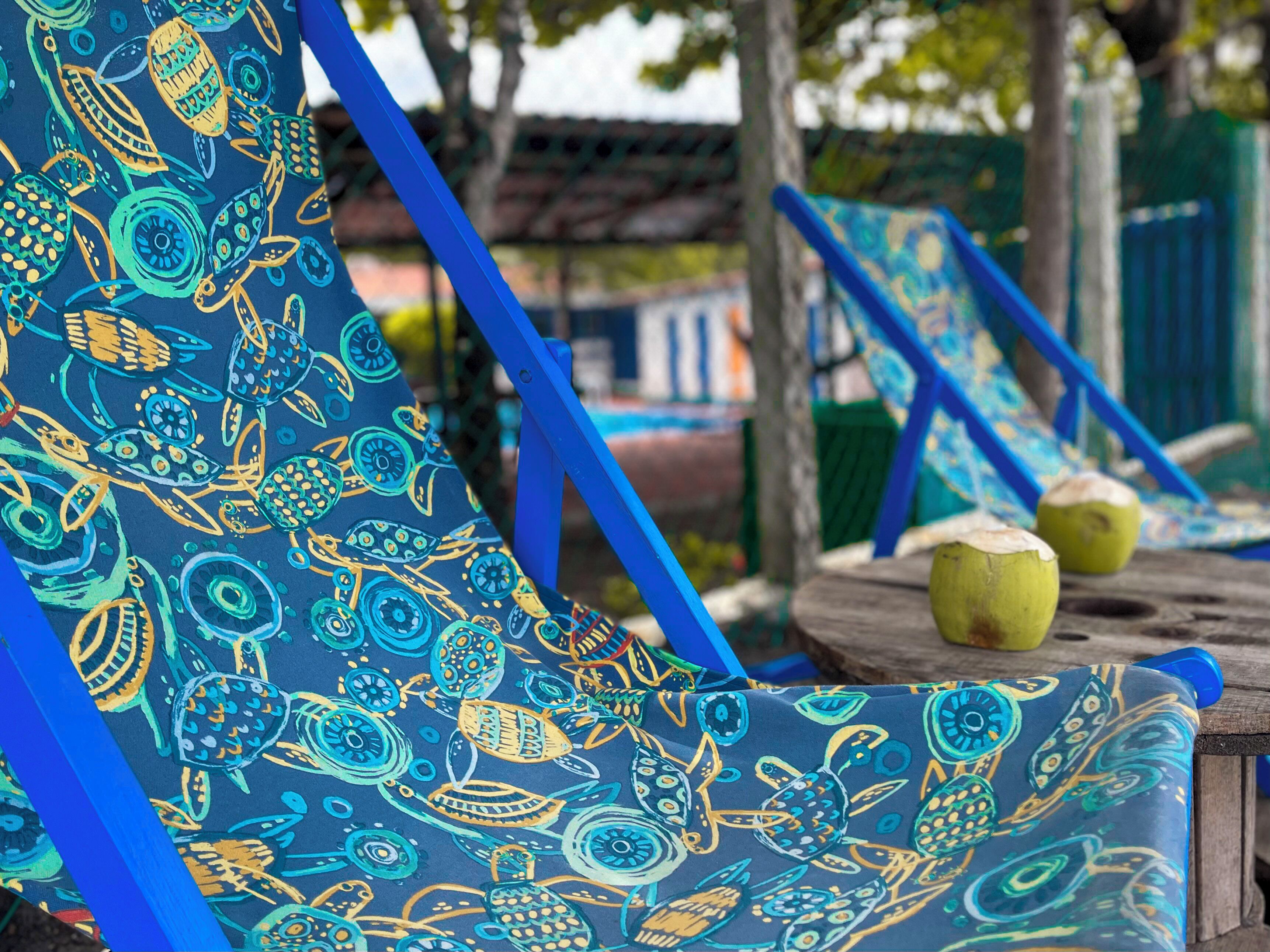 A hammock chair with a colorful pattern, a wooden table with coconuts, and a blue fence in the background.