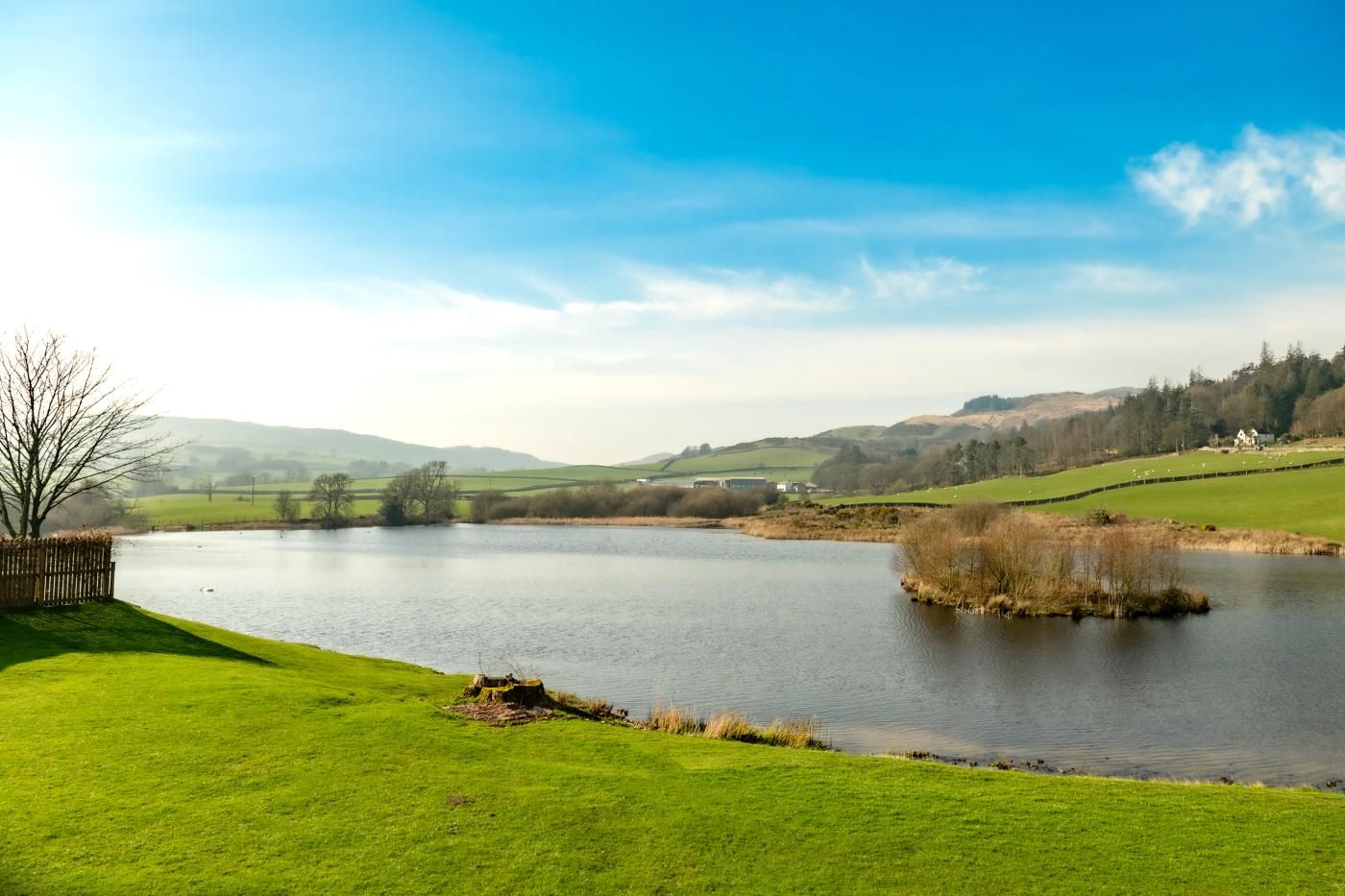 A serene lake with a grassy foreground and a distant view of rolling hills.