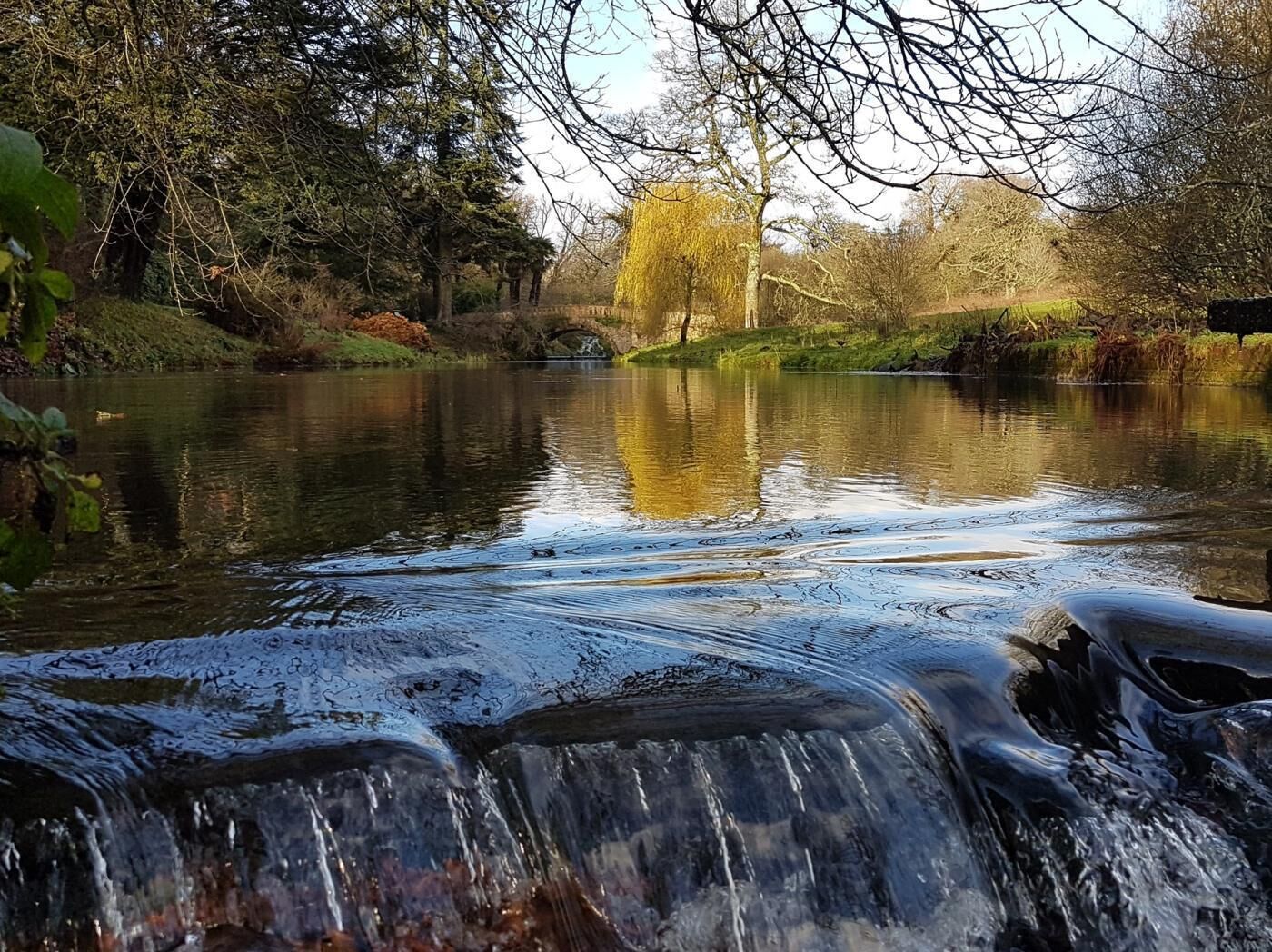 A calm river with a waterfall, surrounded by trees and a clear sky.
