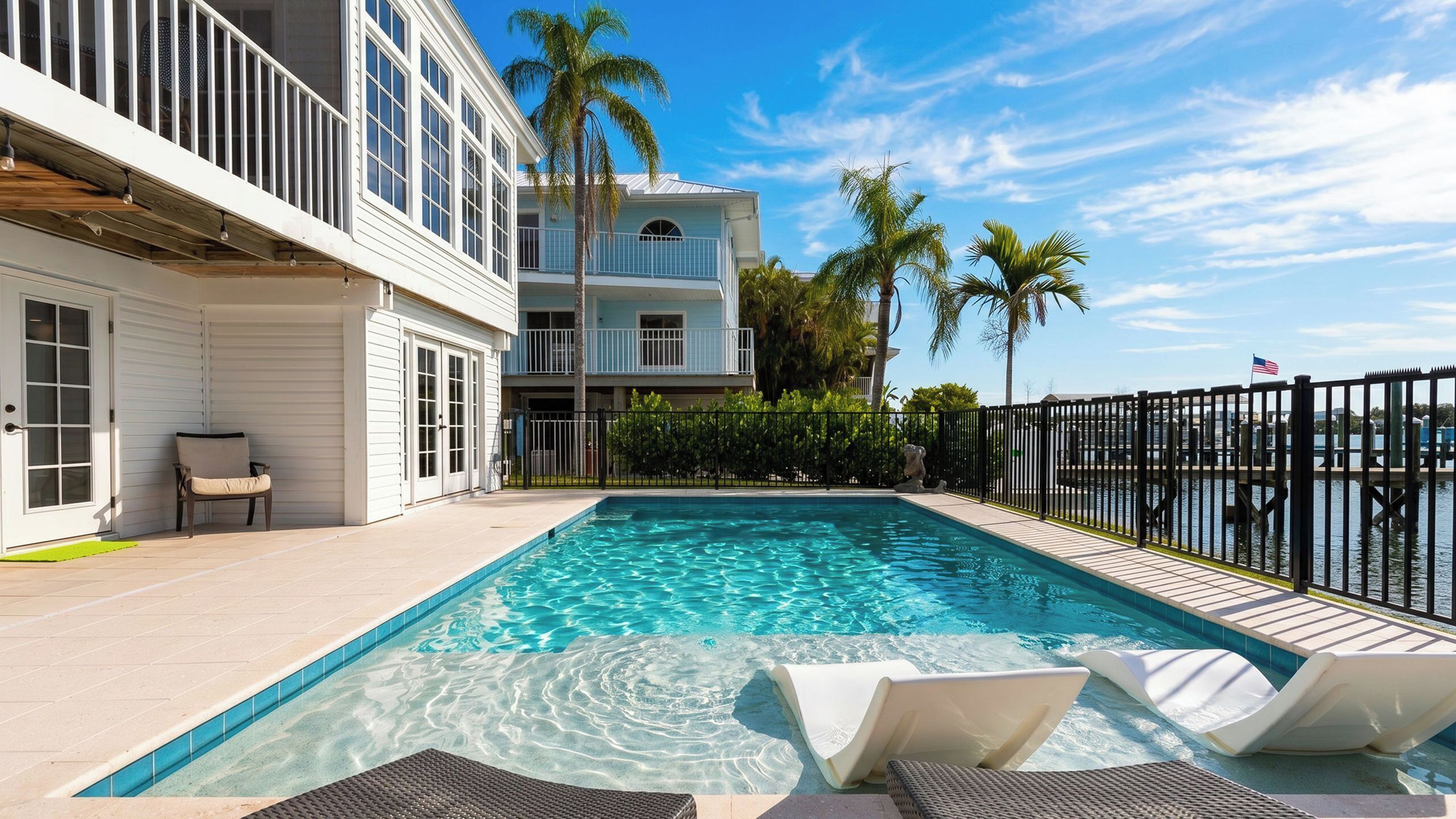 A swimming pool with lounge chairs, a covered patio, and a two-story building with balconies.