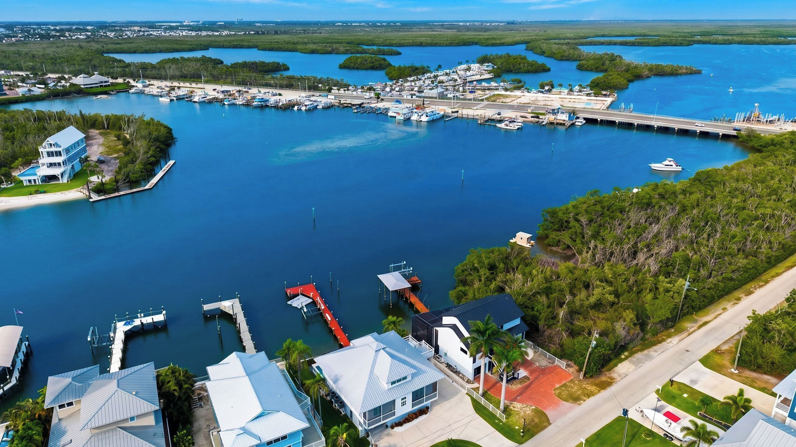 An aerial view of a marina with boats docked, a bridge, and residential buildings.