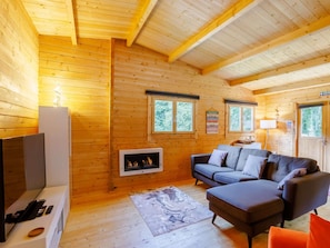 Ein gemütliches Blockhaus-Interieur mit Kamin, einer Couch, einem Fernseher und einem Fenster.