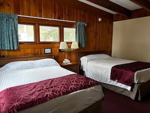 Een kamer met twee bedden, houten wanden, een raam met gordijnen en een bedlampje.