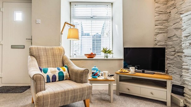 A cozy living room with a sofa, a TV, a lamp, and a stone wall. - 1 Bed in Wadebridge (oc-87740) (Wadebridge)