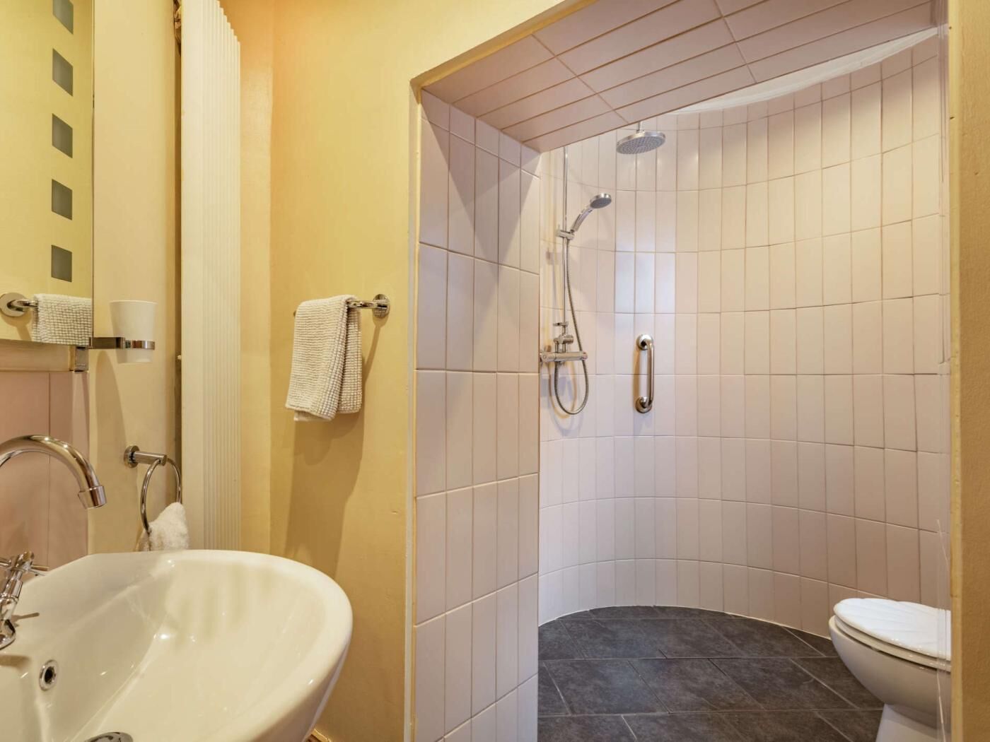 Een badkamer met een wastafel, toilet en douche.