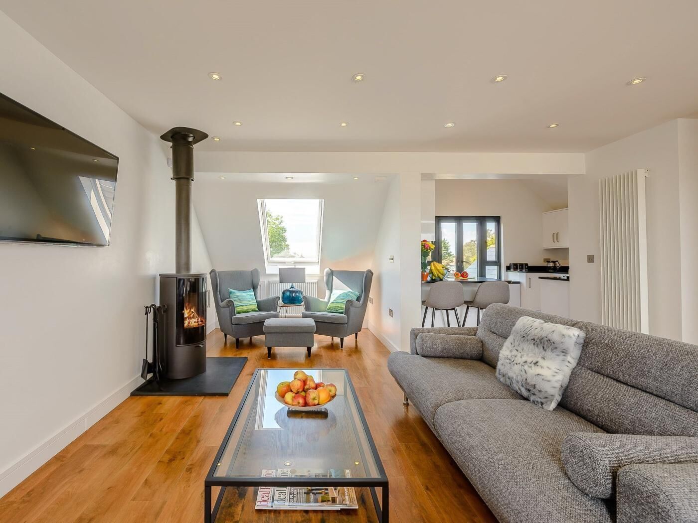 TV, fireplace