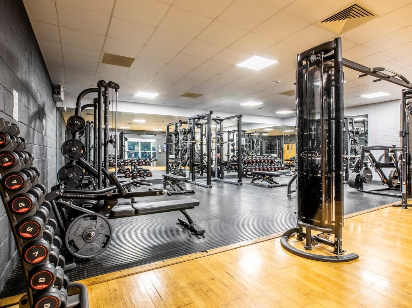 A gym with weightlifting equipment, treadmills, and a variety of machines.