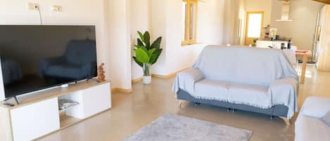 Ein modernes Wohnzimmer mit Flachbildfernseher, Sofa, Couchtisch und einer Zimmerpflanze.