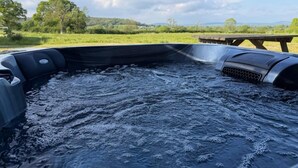 Un bain à remous avec vue sur un champ verdoyant et des arbres.