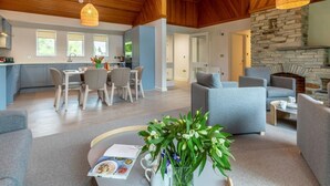 Un intérieur moderne comprenant une cuisine, un coin repas et un salon, avec des plafonds en bois, une cheminée en pierre et de grandes fenêtres.