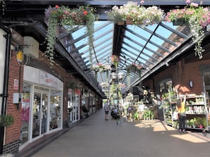 An indoor shopping corridor with hanging flower baskets, glass ceiling, and various shops on either side.