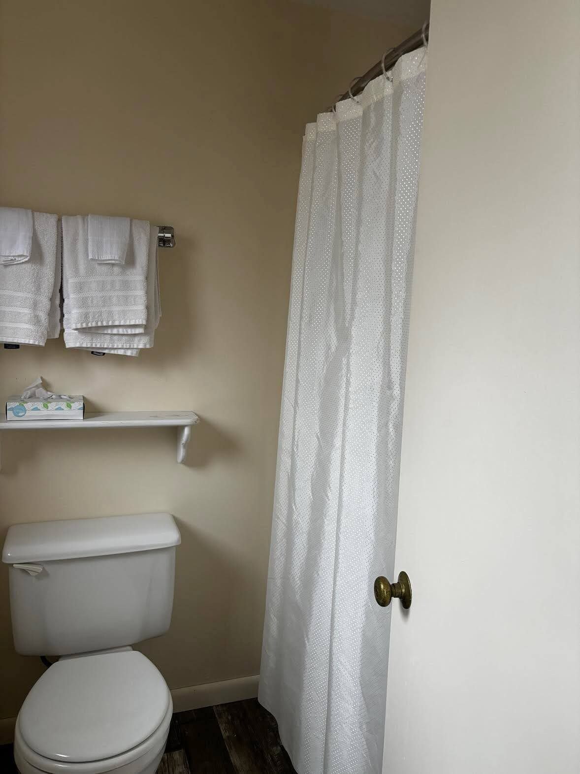 A bathroom with a toilet, a shower curtain, and a towel rack with towels.