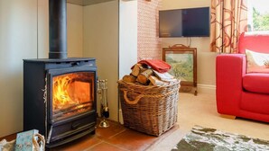 Un salon chaleureux avec un poêle à bois, un canapé rouge, une télévision et un panier en osier rempli de bois de chauffage.