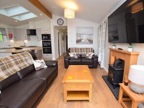 A modern living room with a sofa, a coffee table, a fireplace, and a television. - 2 Bed in Newton Stewart (oc-88645) (Auchenmalg)
