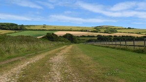 A rural landscape with a dirt path leading to a fenced area. - 2 Bed in Ventnor (oc-88857) (Niton)