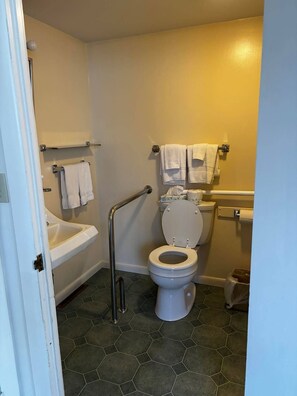 Un baño con inodoro, barra de apoyo, lavamanos y bañera.