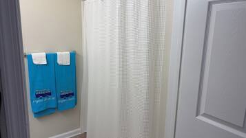 Hair dryer, towels, soap, toilet paper