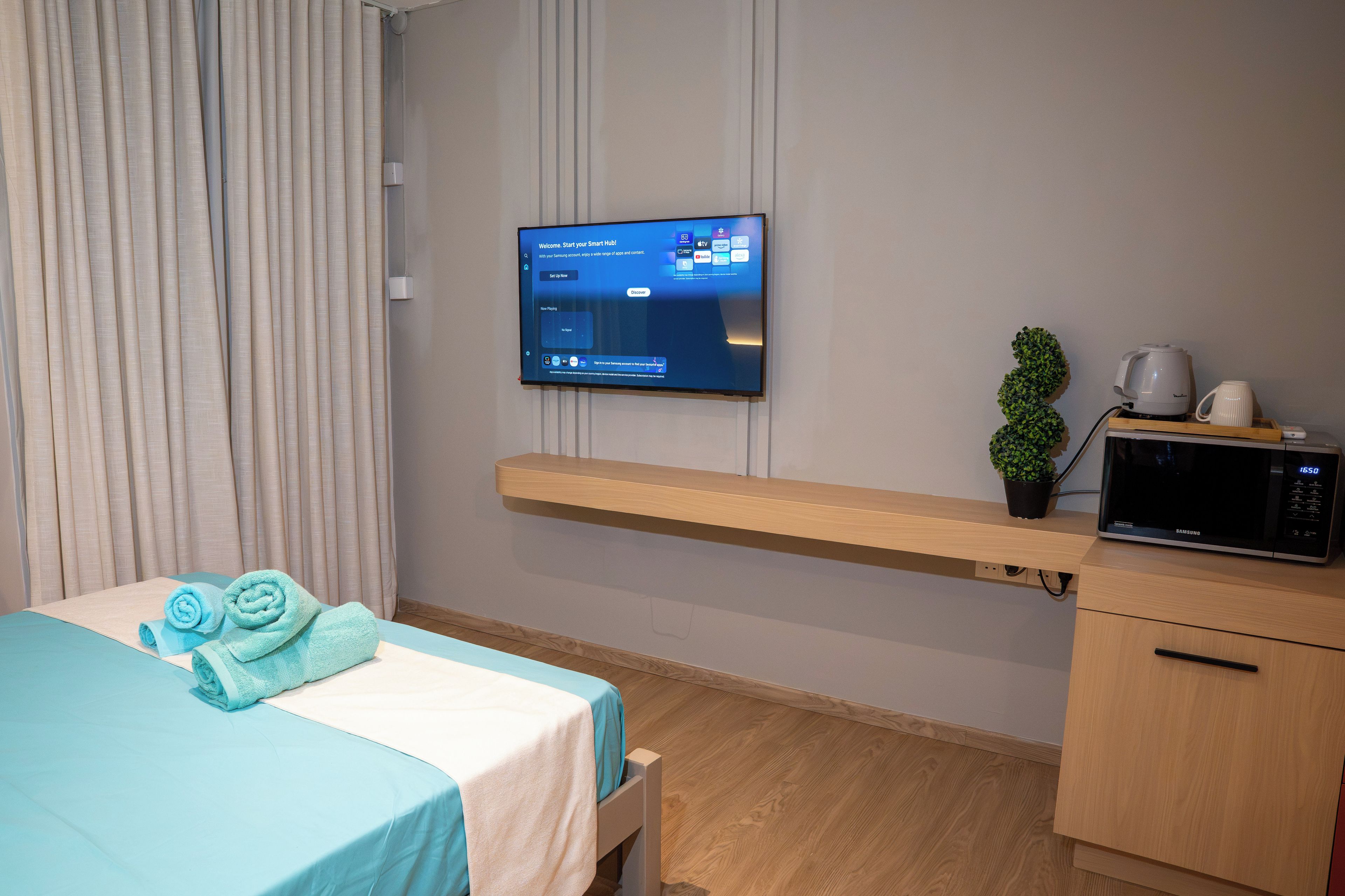A hotel room with a bed, a TV mounted on the wall, a small shelf with a plant and a kettle, and a microwave on a wooden cabinet.