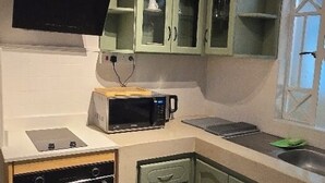 Una cocina con gabinetes verdes, microondas, estufa y ventana con vistas.