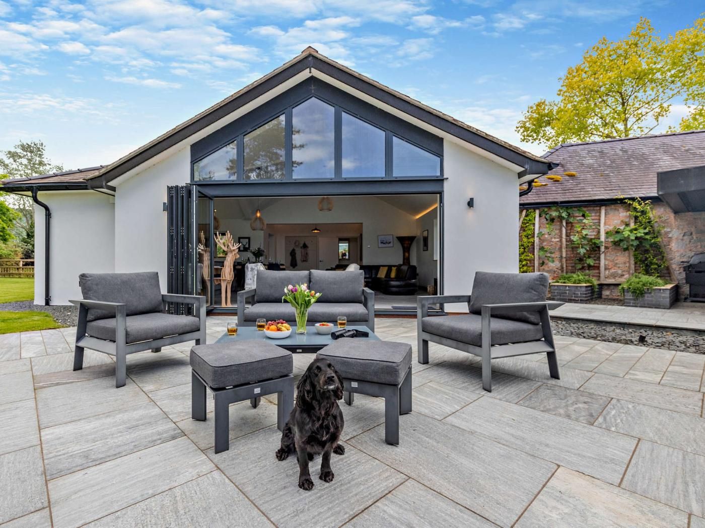 Une maison moderne dotée d’un patio aménagé avec du mobilier d’extérieur et où se trouve un chien.