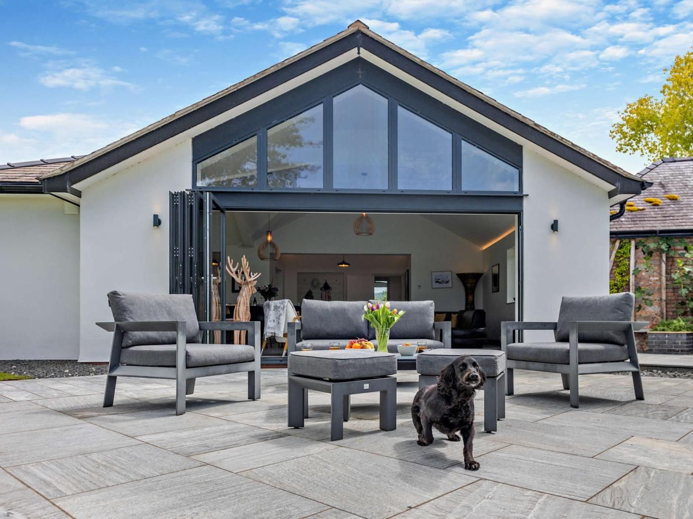 A modern house with a large glass door, grey furniture, and a dog.