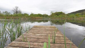 A wooden dock extending into a calm body of water with surrounding greenery and hills in the background.