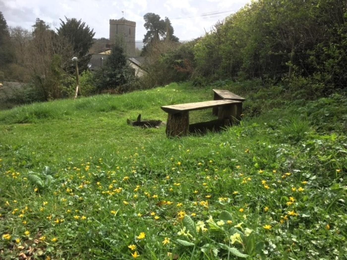 A grassy area with a wooden bench and a stone structure in the background.