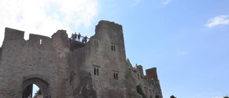 A historic stone castle with a large arched entrance, a staircase leading up to the main structure, and a clear sky above.
