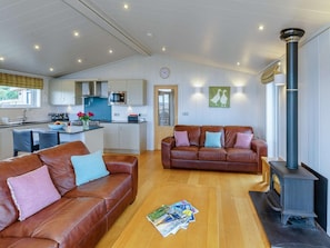Ein modernes Wohnzimmer mit Ledersofas und einem Kamin.