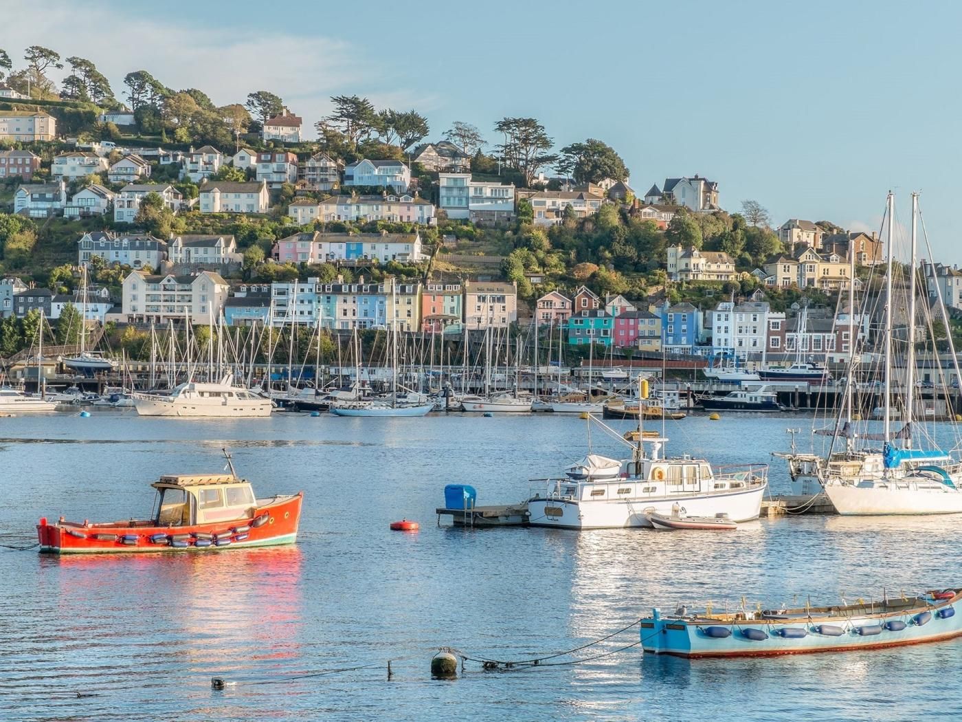 A harbor with boats and colorful houses in the background.