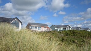 Eine Reihe von Strandhäusern mit blauem Himmel und einer grünen Rasenfläche im Vordergrund.